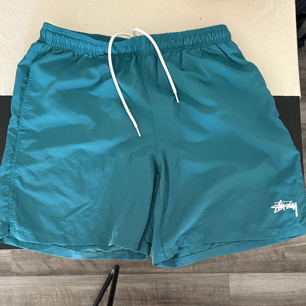Stussy Aqua Swim Shorts with White Drawstring